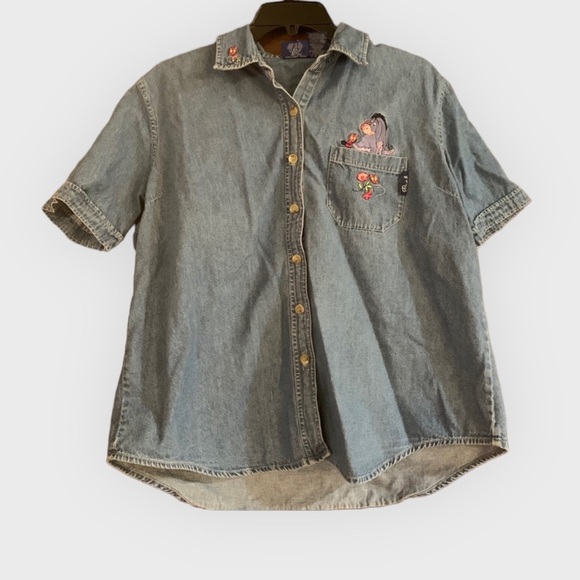 Vintage Denim Winnie the Pooh Disney Embroidered Eeyore Button Down Top Grandma - Picture 1 of 6